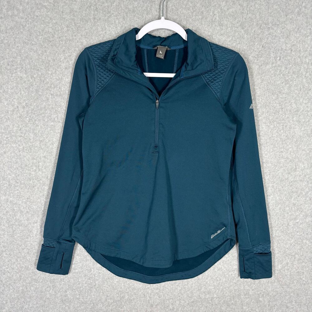Eddie Bauer Top Small Teal 1/4 Zip Base Layer Fleece Lined Thin Thumb Holes